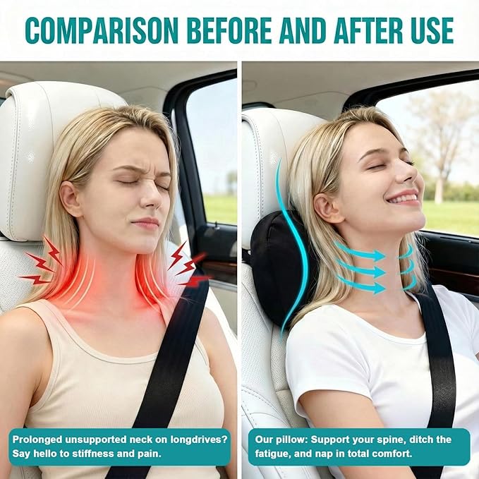 2PCS Car Pillow for Car Neck Pillow for Driving Seat Neck Support Soft Cushion Back Support Head-Rests for Vehicle Sleeping with Elastic Adjustment Strap (Black, Head and Lumbar)