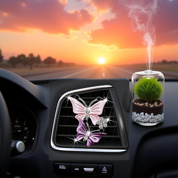 Car Air Fresheners Vent Clips for Women, Cute Dual Butterfly Diamond Rhinestone Sparkly Bling Air Freshener Accessories
