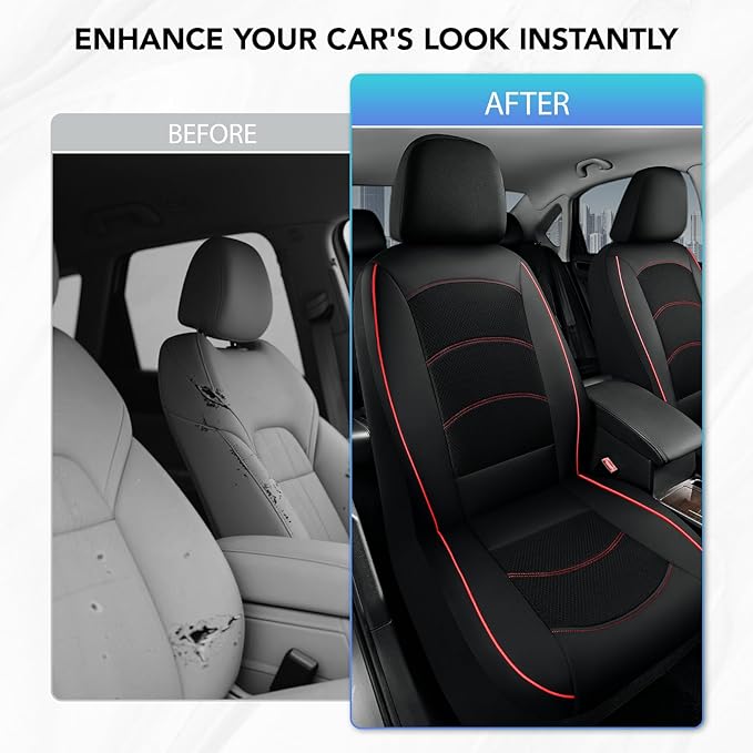 Road Comforts Car Seat Covers, Leather Front Seat Covers with Piping, Air-Cool Mesh Designed, Airbag Compatible Automotive Seat Covers for Most Car, Truck, Van, SUV - Black with Red Piping