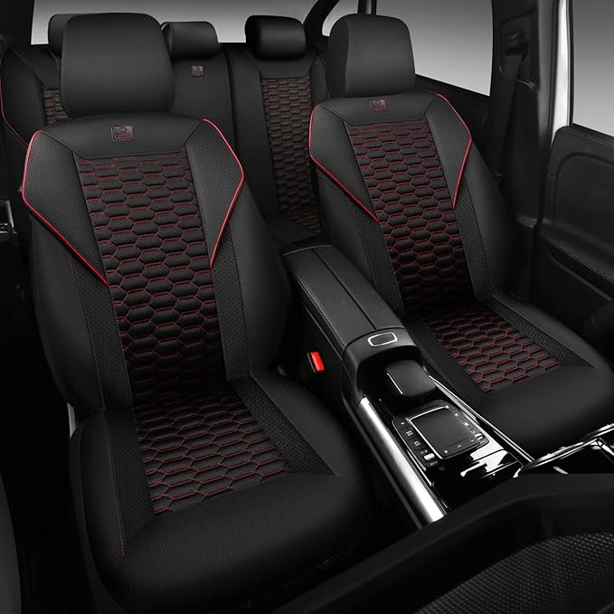 CAR PASS 3D Foam Mesh Leather Car Seat Covers Full Set,Breathable Mesh Faux Leather Seat Covers for Car,Universal Fit for SUV Truck Sedan Automotive, Armrest Airbag Compatible,Black and Red