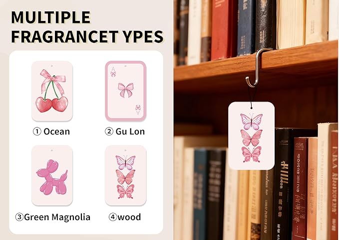 Pink Car Fresheners, 4pcs Cute Car Accessories Interior, Mirror Decor For Women, Air Freshener Hanging For Bathroom Dorm Books Bedroom Closet Drawer, Pink Girly Accessories Gifts For Girls -01