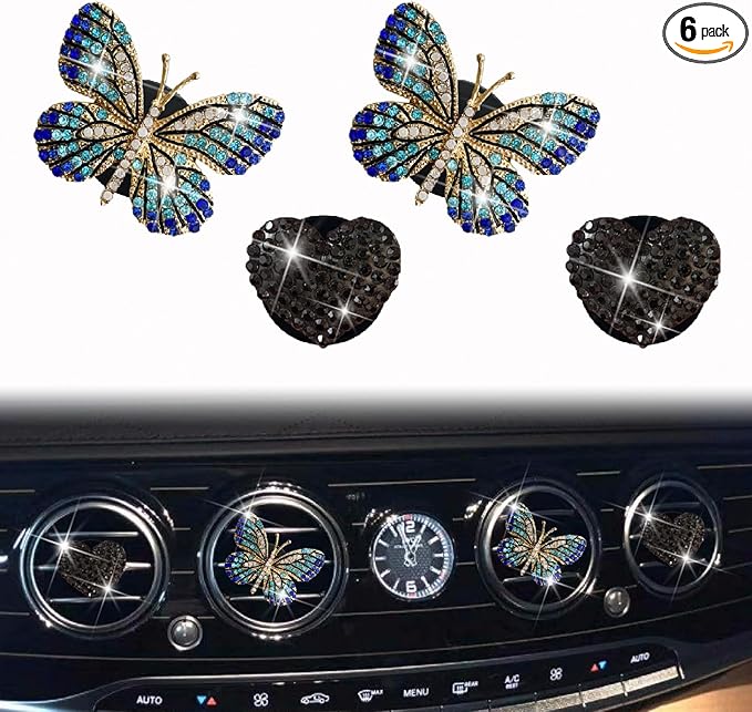 4 Pcs Blue Bling Butterfly and Heart Car Air Fresheners Vent Clips Diffuser Vent Clip Rhinestone Diamond Decoration Car Interior Decor Cute Accessories for Women, Automotive Air Fresheners (Black, 2)