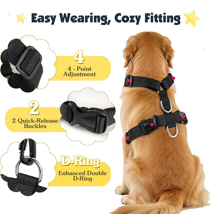 Pawaboo Dog Seat Belt Harness for Car, Dog Car Harness Seatbelt with Double Clips, Adjustable Breathable Pet Vest & Dogs Safety Tether with Elastic Bungee for Small Medium Large Pet, M, Black