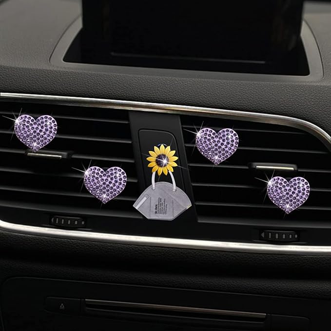 Purple Heart Air Vent Clips, 4 Pcs Bling Heart Car Air Fresheners Vents Clips Diffuser Diamond Interior Decor Cute Daisy Accessories Car Decoration for Women + Mask Hook