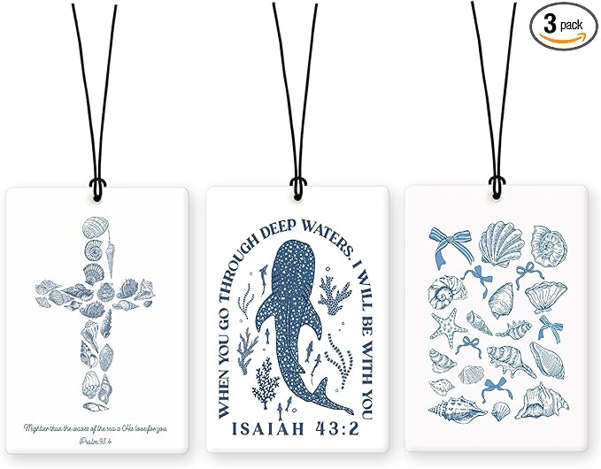 Lacama Blue Beachy Christian Car Air Freshener 3Pcs, Coastal Whale Shell Conch Cross Bible Verse Cars Scents Air Freshener for Women Girls Gifts, Beach Car Accessories Interior Mirror Decor Hanging