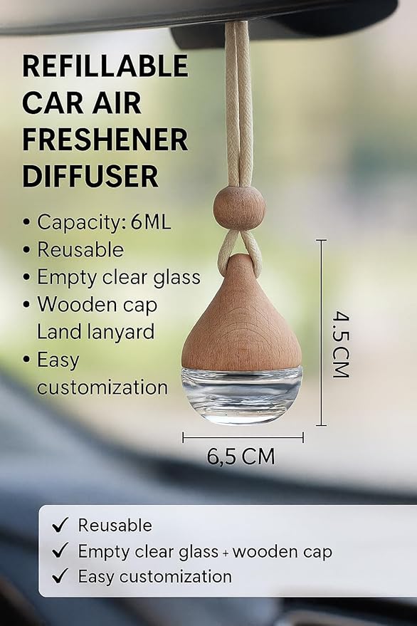3 Pcs Hanging Car Air Freshener Diffuser Bottles – 6ml Refillable Essential Oil Aromatherapy Perfume Pendant, Clear Empty Glass with Wooden Cap & String for Vehicle Decoration