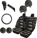 FKELYI Camo Car Seat Covers Full Set American Flag Car Gear Shifter Knob and Handbrake Cover, Breathable Steering Wheel Protector, Headrest Covers,Cup Coasters