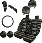 FKELYI Camo Car Seat Covers Full Set American Flag Car Gear Shifter Knob and Handbrake Cover, Breathable Steering Wheel Protector, Headrest Covers,Cup Coasters