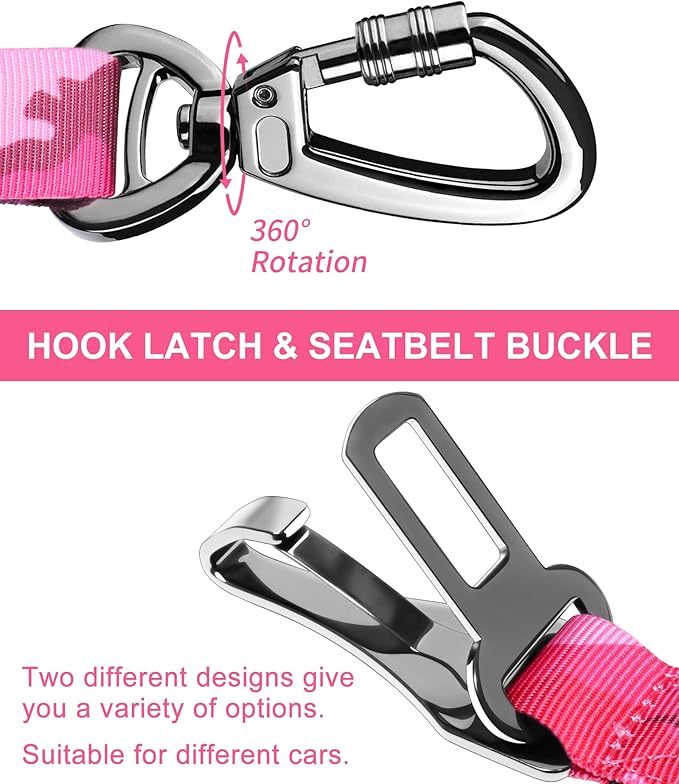 Hotsky Dog Seat Belt, Adjustable Safety Seatbelt 3-in-1 Car Harness for Dogs in Car Nylon Elastic Bungee Buffer Tether with Clip Hook Latch Buckle Swivel Zinc Alloy Carabiner(Hotpink Camo)