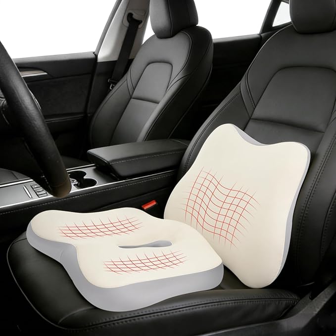 Car Seat Cushion & Lumbar Support Set, Memory Foam Seat Cushion for Long Sitting & Driving, Ideal for Truck Bus Van Drivers, Office Chair Cushion Set (Gray) (White)