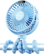 SWEETFULL Portable Stroller Fan with LED Display, 4 Speed Rechargeable Mini Clip On Fan, 360° Rotate Flexible Tripod Better Cooling Small Baby Fan for Car Seat Crib Travel Bike Treadmill (Blue)