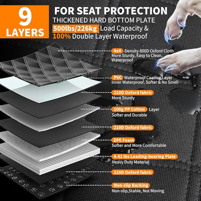 KYG Back Seat Extender for Dogs, Hard Bottom Dog Car Seat Cover for Back Seat Waterproof with Mesh Window and Storage Pocket, Dog Hammock for Cars & SUVs