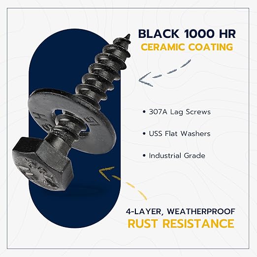 5/16 x 1-1/2 (50 Pack) Lag Screw Kit, 50 Screws and 50 Washers, Ceramic Black Ruspert Coating for Exterior Use, Meets ASTM A307 and ASME B18.2.1, Industrial/Commerical Grade by Makers Bolt