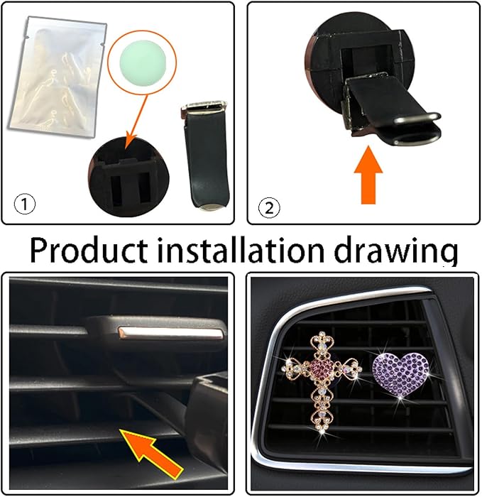 2PCS Bling Car Vent Clip Car Accessories, Crystal Rhinestone Cross and Heart Car Air Fresheners Vent Clips, Diamond Auto Air Conditioner Outlet Decoration Charm for Women