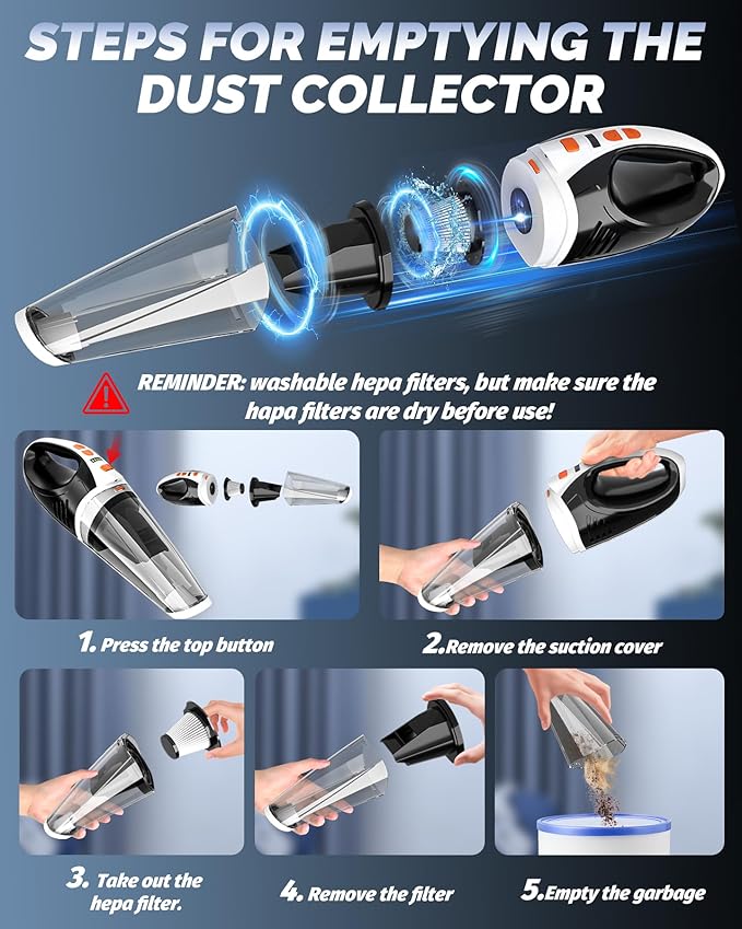 BRL Handheld Vacuum Cordless, Car Vacuum Cleaner with Powerful Suction, 2 Modes Mini Hand Vacuum, Dry & Wet, LED Light, Portable Vacuum for Car Pet Hair, Home, Office, Keyboards Black Orange