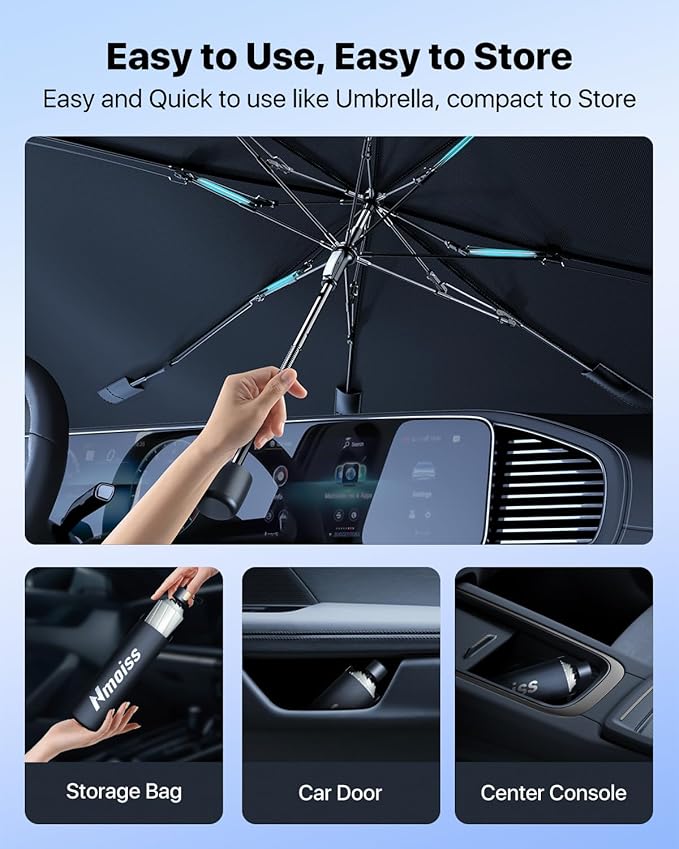 Windshield Sun Shade Umbrella – Custom-Fit for Model 3 (2017–2025), Vinyl Coating Heat Shield, 99% UV Blocking, Protects Touchscreen & Interior, Ice Crystal Cooling Material