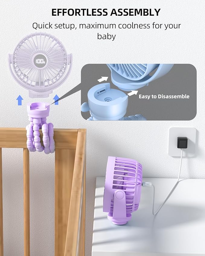 Portable Stroller Mini Fan, Small Rechargeable Personal Fan, Travel Essentials for Baby, Wagon, Car Seat, Treadmill, Battery Powered Biking Gear Accessories, 360° Rotation, 3-Speed, Display