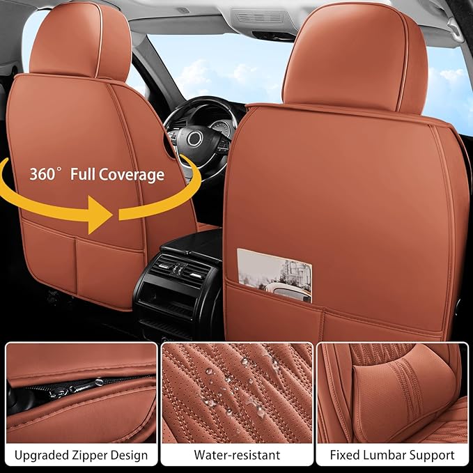 WELLDO Car Seat Covers Full Set, Leather Seat Covers for Car, Waterproof Car Seat Protector with Lumbar Support, Automotive Seat Covers Universal Fit for Most Cars SUV Truck, Brown