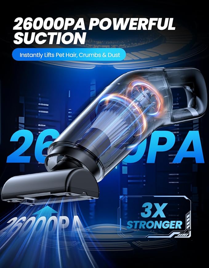 Yedop Handheld Vacuum Cordless, 26,000 Pa High Power Suction, Portable Rechargeable Car Vacuum Cleaner for Home, Office, Pet Hair, Car Detailing, Black