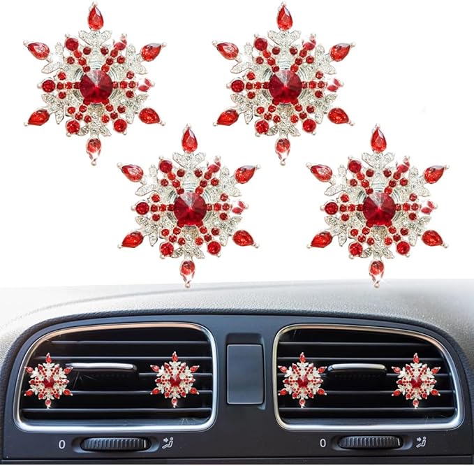 Bling 4Pcs Snowflake Air Vent Clips Car Air Freshener Outlet Clips Bling Rotatable Snowflake Car Vent Decorations Stress Relief Auto Accessories Toy Refillable (Red)