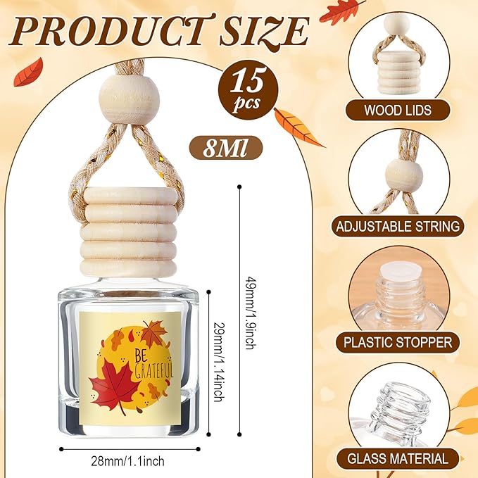 Boao 15 Pcs Thanksgiving Hanging Car Air Freshener Diffuser Bottles Empty Bulk Fall Perfume Glass Bottle Pendant Refillable with Maple Leaves Cards & Stickers for Essential Oil Fragrance Ornament
