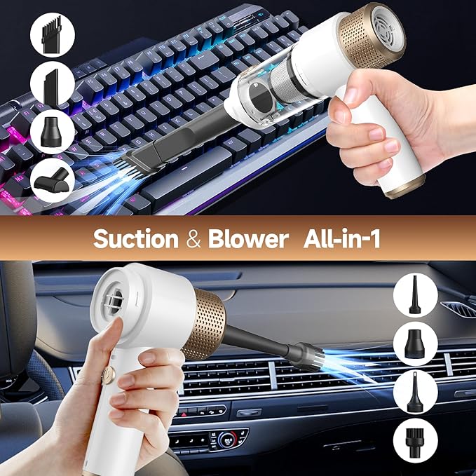 Car Vacuum Cleaner, 16000PA Mini Car Vacuum Cordless Powerful, 7 in 1 Portable Handheld Vacuum Cordless with LED Light, Dual Filters, One-Touch Empty for Pet Hair, Home, Office