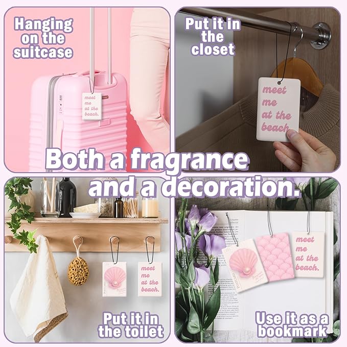 Pink Coastal Seashell Car Air Freshener Accessories 3pcs, Preppy Meet Me at The Beach Hanging Air Fresheners Decor for Girly Beachy Room Closet, Trendy Scent Lavender Fragrance Card for Women