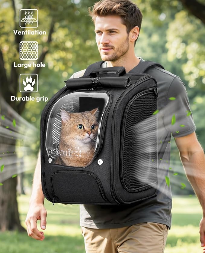 Pecute Cat Backpack Carrier, Large Space Cat Bubble Backpack, Breathable Cat Carrier, Shaded Dog Backpack Carrier, Ergonomic 3D Design for Travel, Hiking, Walk, Suitable for Shopping, Car, Vet, Black