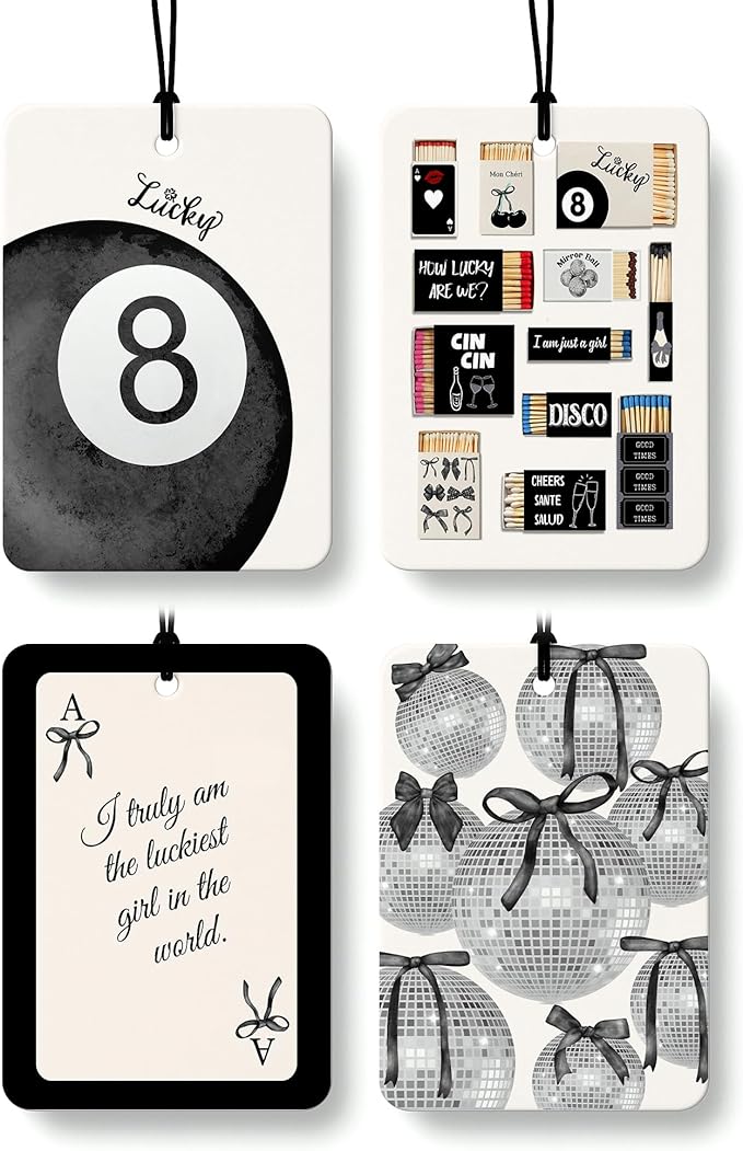 Black Preppy Car Air Freshener 4 Pcs, Trendy Retro Ace Card Lucky 8 Ball Disco Ball Hanging Air Freshener for Cars Closet Drawer Books, Girly Car Accessories Mirror Decor for Women
