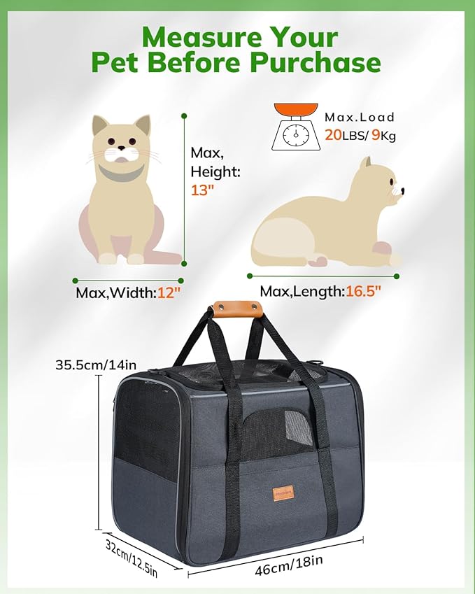 Morpilot Pet Carrier for Large Cats, Small Dogs & Puppies Up to 25lbs, Escape-Proof with Locking Zippers, Dual-Sided Cushion, Safety Buckle for Car & Vet Travel, Includes Foldable Bowl (Dark Gray)