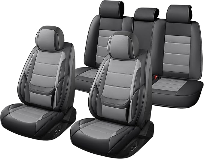 Car Seat Covers Full Set Custom Fit for Mercury Mountaineer 1997-2010,Premium Faux Leather with Lumbar Support, Breathable, Anti-Slip & Soft Touch(blackgray,Fullset)