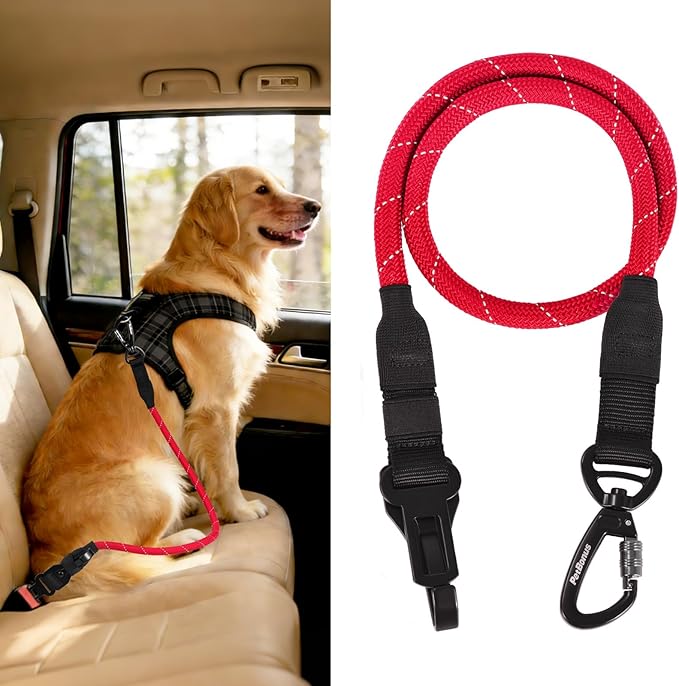 PetBonus Dog Seat Belt for Car, Durable Rope Dog Car Harness Seatbelt for Vehicle, Pet Tether Safety Restraint with Heavy Duty Buckle Hook Latch Lockable Clip for Small Medium Large Breeds (Red)