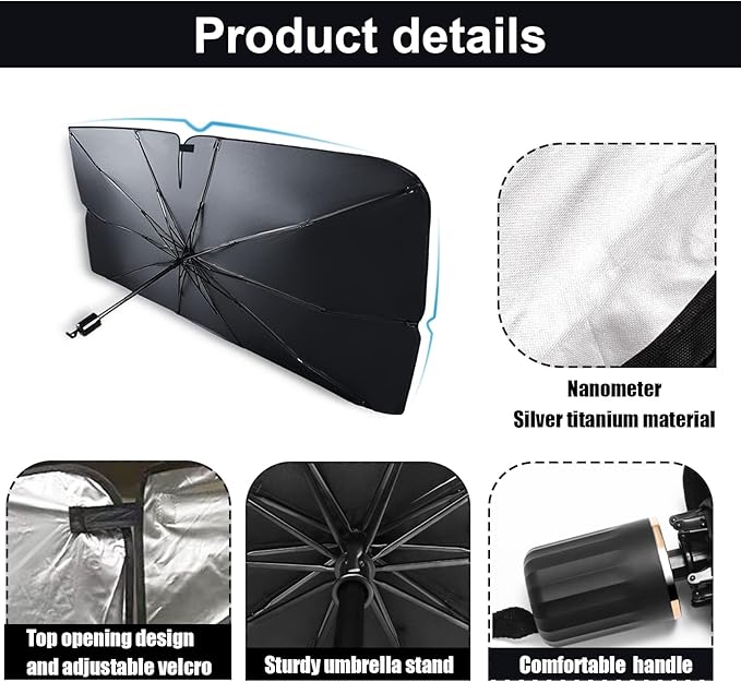 Car Windshield Sun Shade Umbrella, Reflects UV Rays and Protects Dashboard from Sun, Foldable Shade Front Windshield Car Accessories Interior (59x33.4 Inches)
