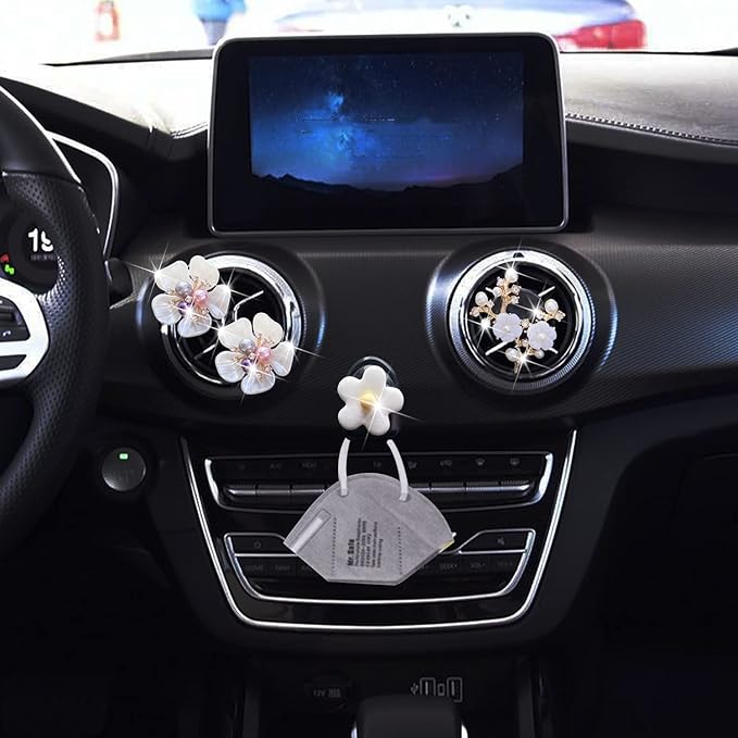 Pearl Daisy AromaBoost Car Diffusers - 3pcs with Mask Hook & Rhinestone Bling Decoration