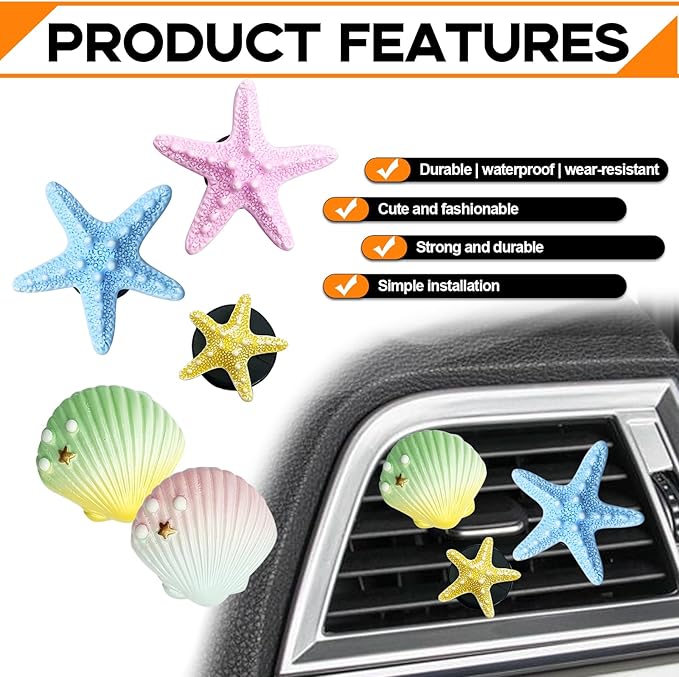 5PCS Seashell and Starfish Car Air Vent Clips, Colorful Ocean Series Car Air Freshener Diffuser, Beach Theme Car Interior Decoration Accessories (No Aromatherapy Tablets)