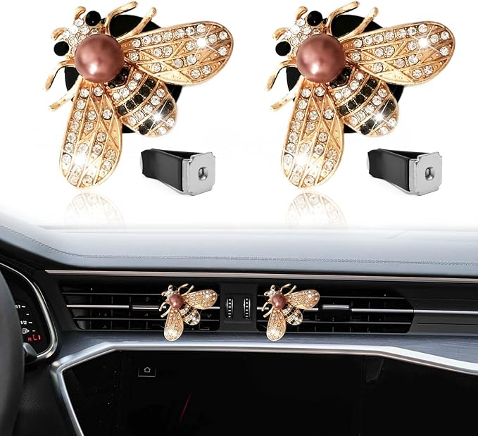 Shiny Bee Air Outlet Clips, Crystal Air Fresheners Vent Clips, Car Diffuser Vent Clip Rhinestone Diamond Interior Decor, Car Decoration, Bling Car Accessories (2 Pcs Golden)