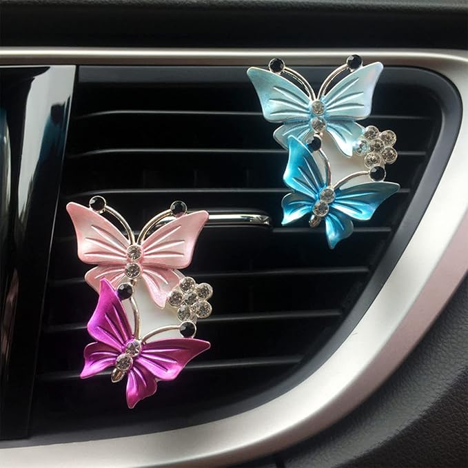 HungMieh 4 PCS Car Vent Clip Air Freshener, Butterfly Car Interior Accessory in Pink&Blue for Women, Car Outlet/Vent Décor Charm with Refill Pads for Dropping Fragrance