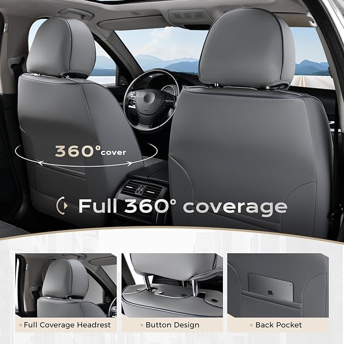 Coverado Seat Covers, Car Seat Covers Front Seats, Leather Seat Covers for Cars, Car Seat Protector Waterproof, Car Seat Cushion, Front Carseat Cover Universal Fit for Most Cars Gray-White