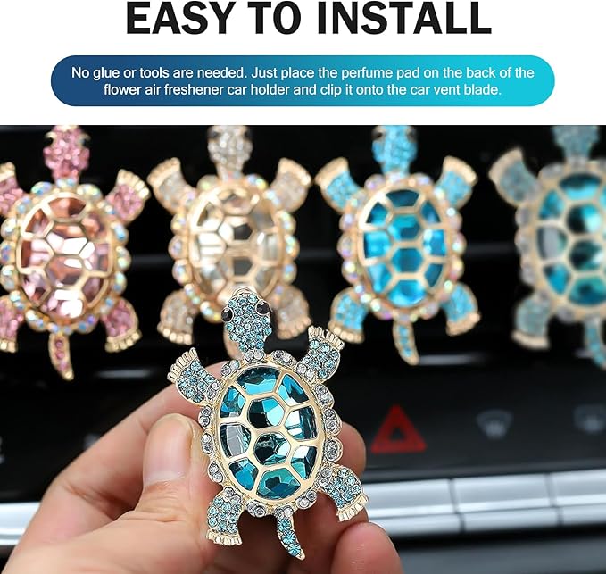 Turtle Car Accessories, Cute Turtle Air Fresheners Diffuser Vent Clip, Crystal Rhinestone Auto Air Conditioning Outlet Clip, Sea Turtles Car Decorative for Women (Blue, 2PCS)