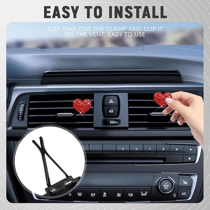 2PCS Bling Heart Air Vent Clips, Heart Shaped Crystal Air Freshener Vent Clips, Rhinestone Air Conditioning Outlet Clip, Universal Interior Decor Car Accessories for Women Girl (Red)