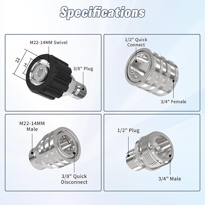 Pressure Washer Quick Connect Kit, M22-14mm to 3/8" Male Female Quick Disconnect Kit for Power Washer, 3/4 Inch Hose Fittings Adapter Set, Stainless Steel, 8 pcs