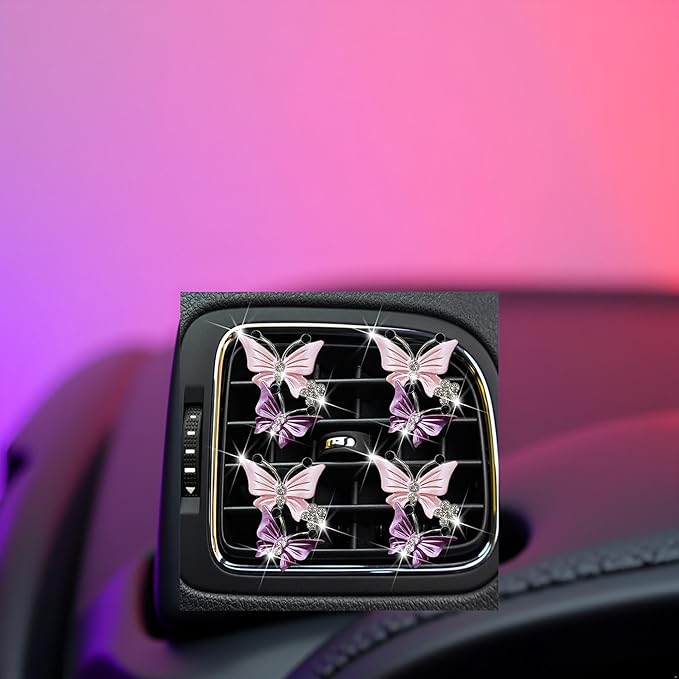 Maitech Car Air Fresheners Vent Clips for Women,4 Pcs Cute Dual Butterfly Diamond Rhinestone Air Freshener Vent Clip Sparkly Bling Car Accessories for Women (Pink)