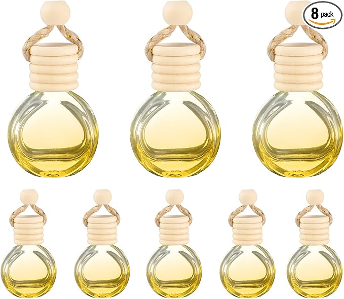 uxcell 8pcs Hanging Car Air Freshener Perfume Bottle, 10ml Pendant Empty Clear/Yellow Glass Essential Oil Aromatherapy Diffuser with Wooden Cap for Car Decor (Clear/Yellow, Round)