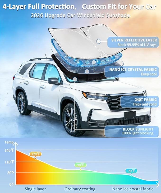 for Volkswagen Passat 2012-2022 Windshield Sun Shade - 4 Layers Car Sunshades for Front Windows Shade Cover Custom Fit for Passat Sun Visor 250T Retractable Shade Blocks UV Rays Car Accessories