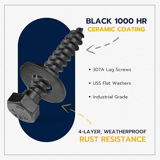 3/8 x 2 (50 Pack) Lag Screw Kit, 50 Screws and 50 Washers, Ceramic Black Ruspert Coating for Exterior Use, Meets ASTM A307 and ASME B18.2.1, Industrial/Commerical Grade by Makers Bolt