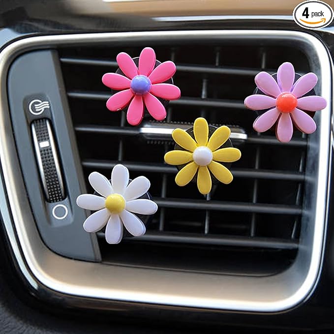 4 Pieces Daisy Flower Air Vent Clips, Cute Colorful Car Air Freshener Clip & Diffuser, Boho SUV Outlet Vent Decorations, Charm Car Inter Decor Accessories for Girls Women
