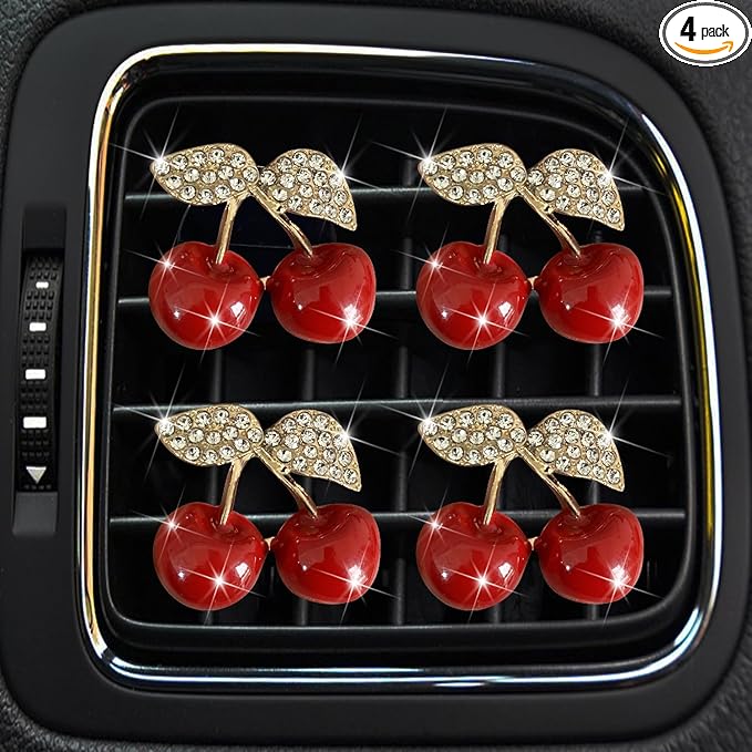 4Pcs Cherry Car Air Vent Freshener Perfume Clip, Rhinestone Air Outlet Fragrance Perfume Clip Freshener, Car Decor（Cherry Flavour）