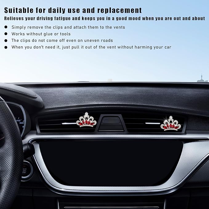 Augeny 2 PCS Bling Car Air Vent Clips, Crystal Rhinestone Crown Air Freshener Outlet Diffuser Clip, Auto Air Conditioning Clip Charm for Women Girls, Interior Decor Car Accessories (Red)