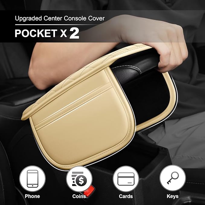 Upgraded Car Center Console Cover Fit for Corolla Cross Faux Leather Car Armrest Cover Cushion with 2 Storage Bags,Car Armrest Storage Box Interior Accessories(Beige&Whiteline)