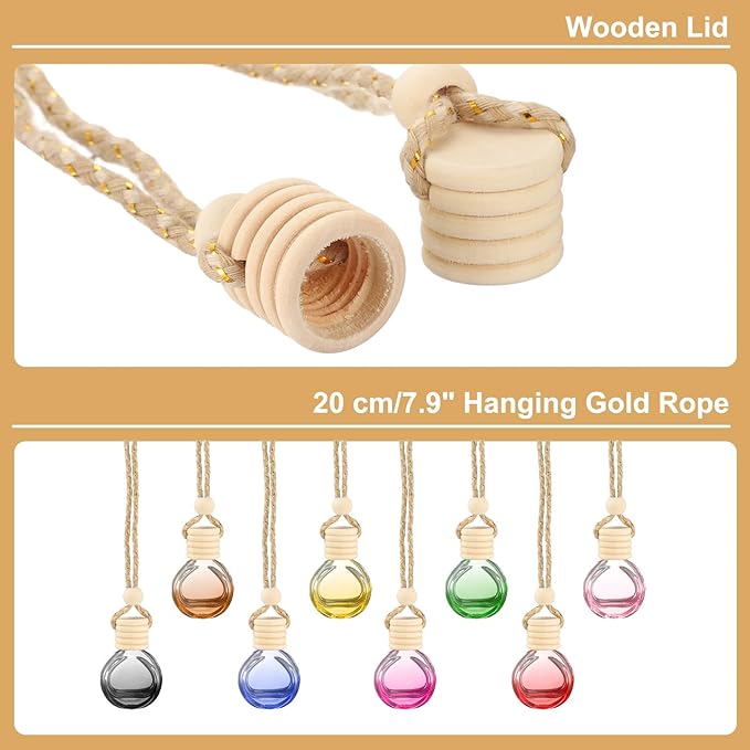 uxcell 8pcs Hanging Car Air Freshener Perfume Bottle, 10ml Pendant Empty Clear/Purple Glass Essential Oil Aromatherapy Diffuser with Wooden Cap for Car Decor (Clear/Purple, Round)